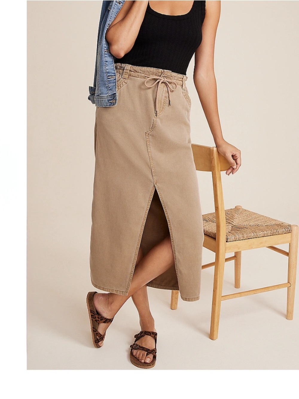 NWT Women’s Tan Drawstring Midi Skirt with Front Slit Sz 2